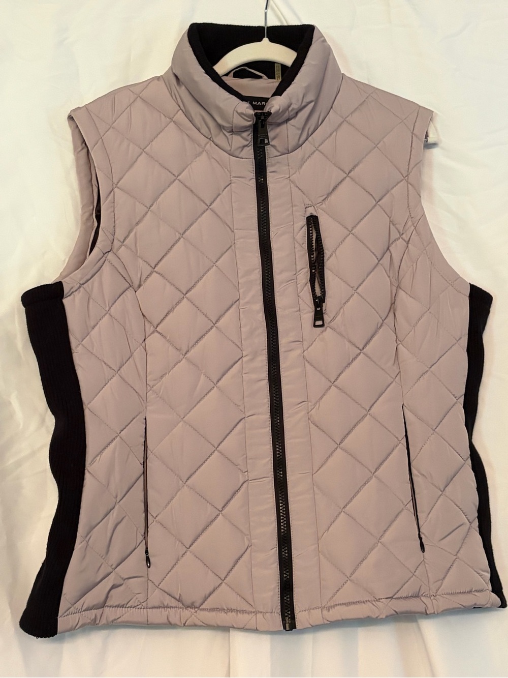 Andrew Marc Quilted Vest in Light Taupe with Black Panels